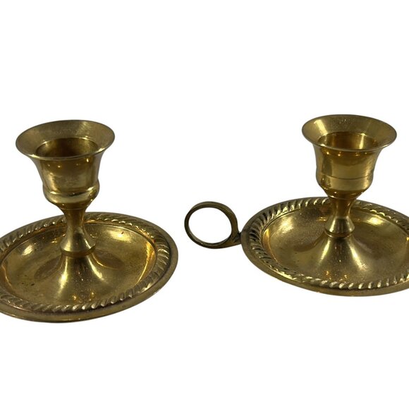 Vtg 2 Solid Brass Candle Holder Chamberstick Candlestick Finger Ring Loop - Picture 1 of 6